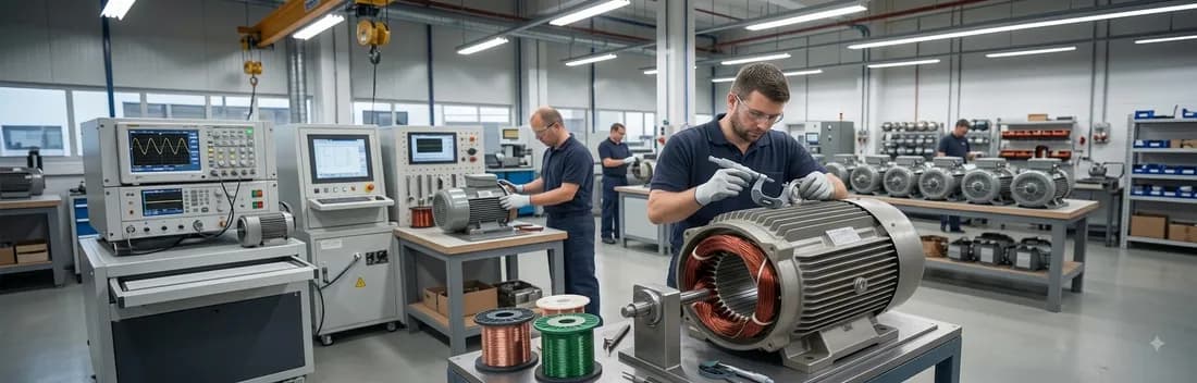 Facility floor with technicians testing and assembling motors